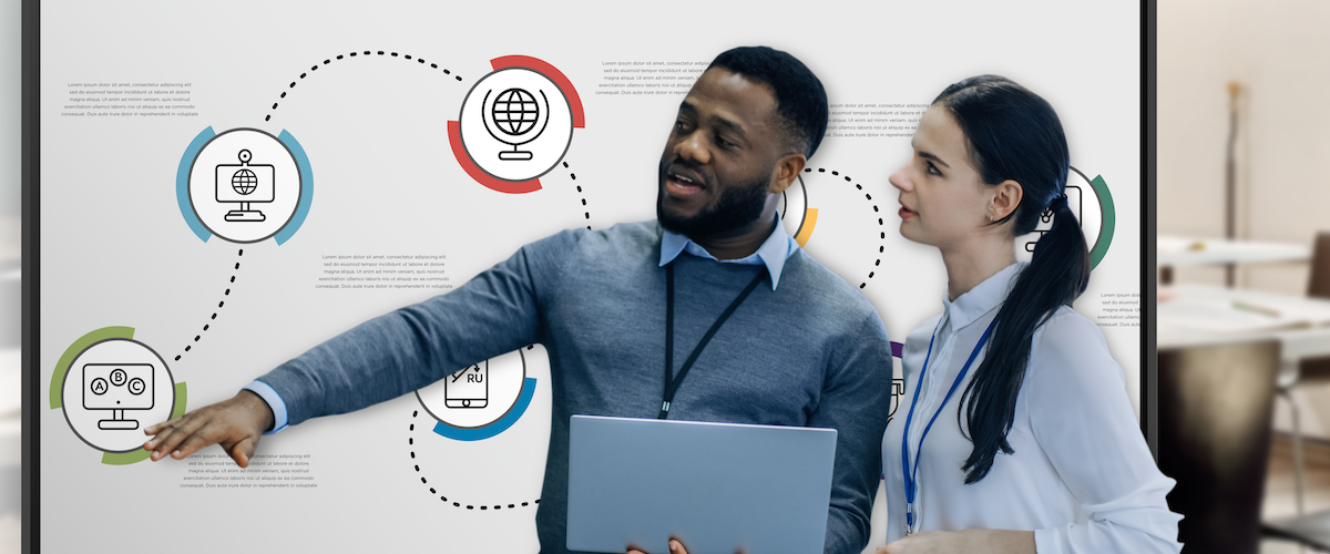 Male teacher interacting with students with the LG CreateBoard in the background